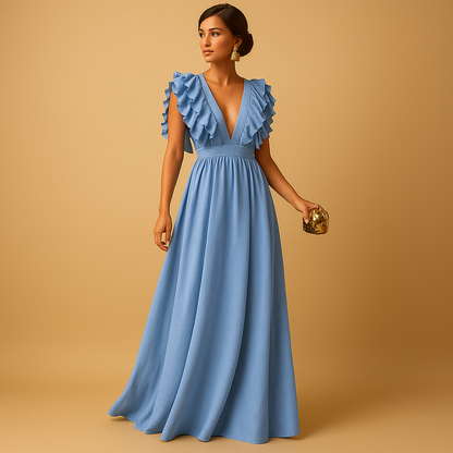 Robe Soirée Longue Col en V avec Volants Féminine