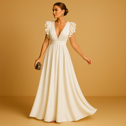 Robe Soirée Longue Col en V avec Volants Féminine - PanierRoyale