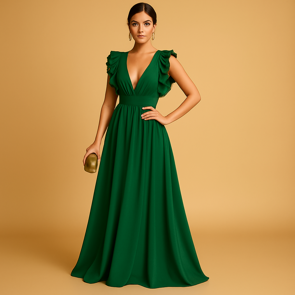 Robe Soirée Longue Col en V avec Volants Féminine