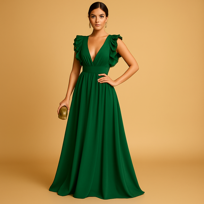 Robe Soirée Longue Col en V avec Volants Féminine