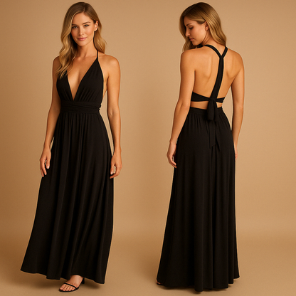 Robe Été Décolleté Dos Nu avec Bretelles Épaules et Ceinture Élastique