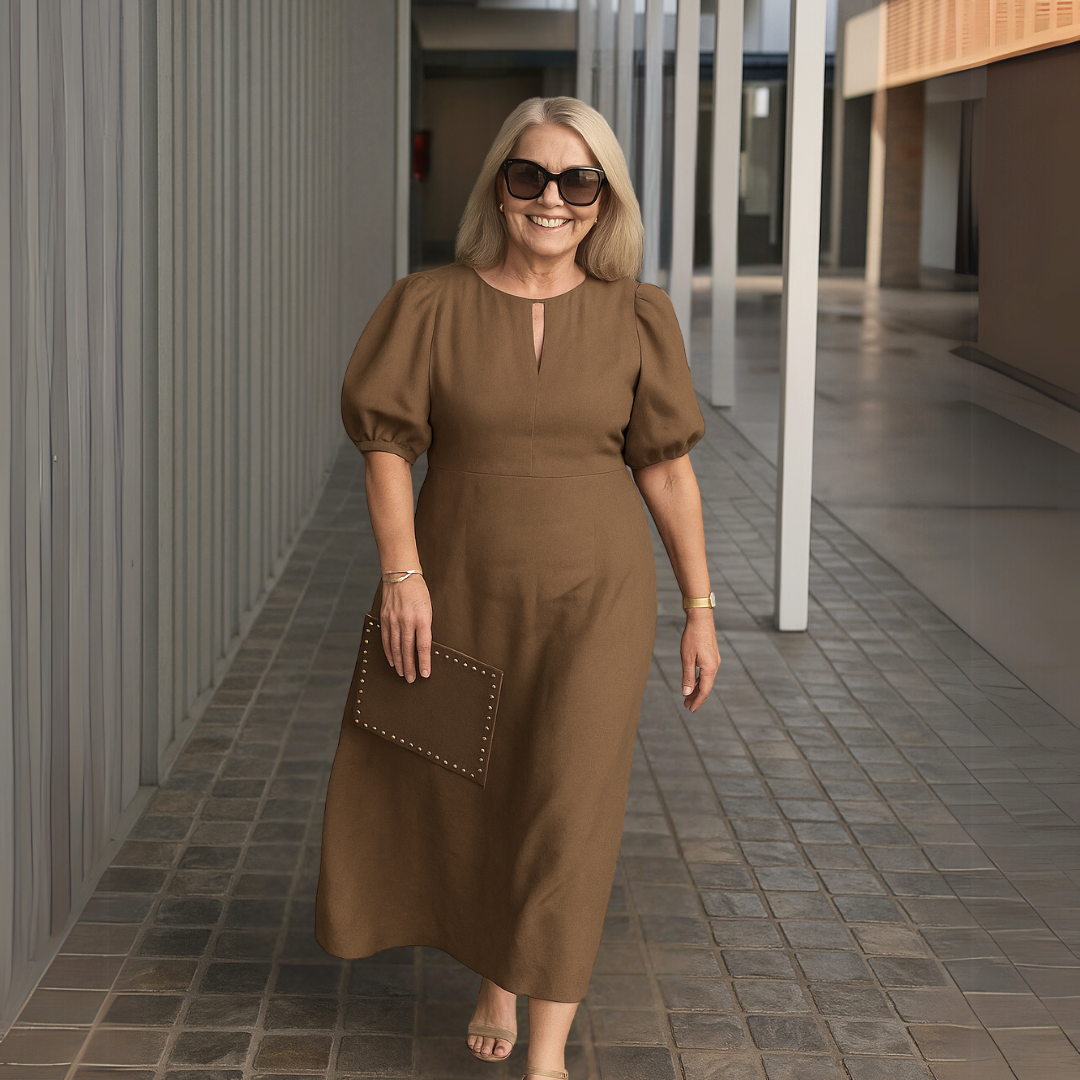 Robe Midi Femme Col en V Manches Bouffantes Fluide