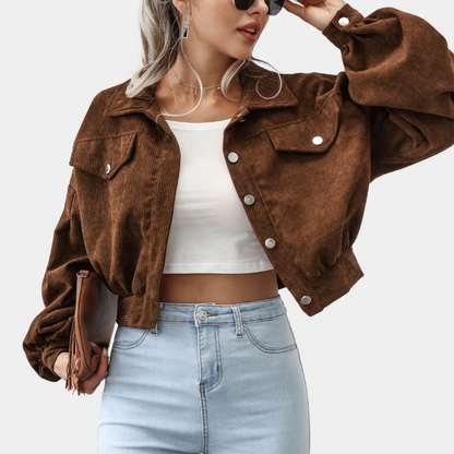 Veste Courte Femme Velours Côtelé Coupe Moderne Boutonnée
