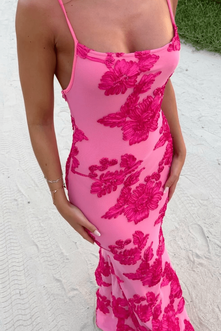 Robe Maxi Rose Élégante avec Décolleté