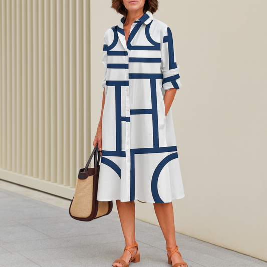 Estelle™ – Robe Longue Femme Chic Imprimé Géométrique avec Poches