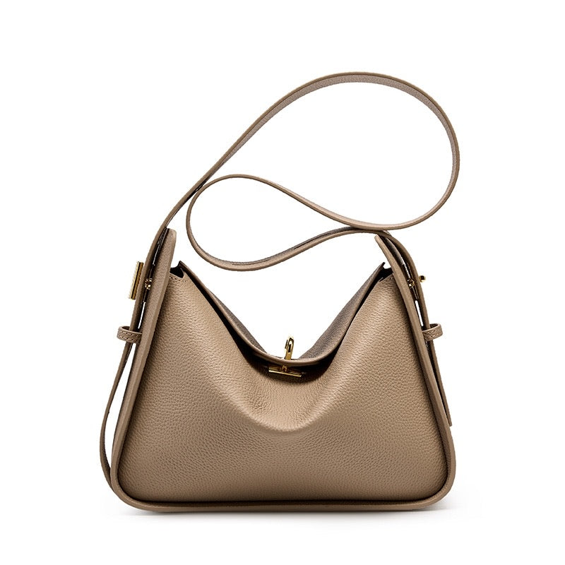 Sac à Main en Cuir Véritable avec Fermeture à Tour, Poignée Supérieure et Détails Dorés