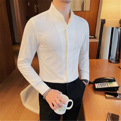 Chemise Homme Classique à Manches Longues et Col Montant