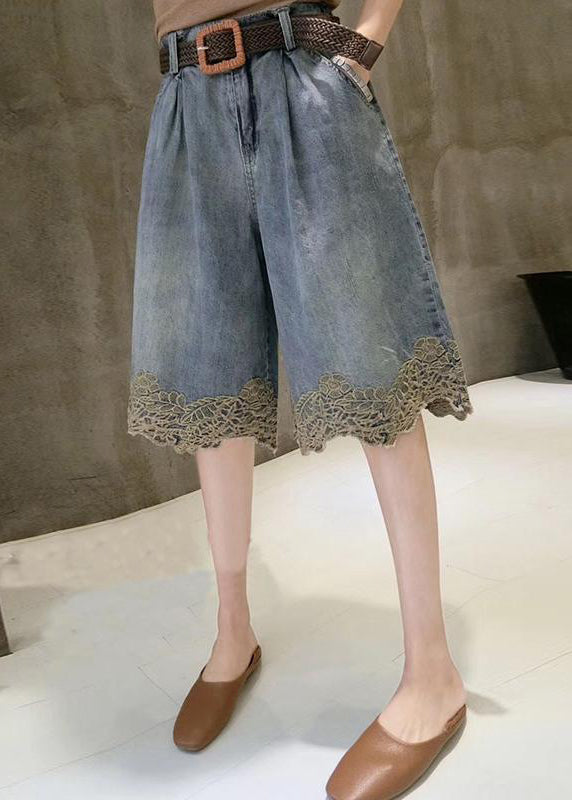 Pantalon décontracté denim brodé bleu pour femme été - EasyApparels