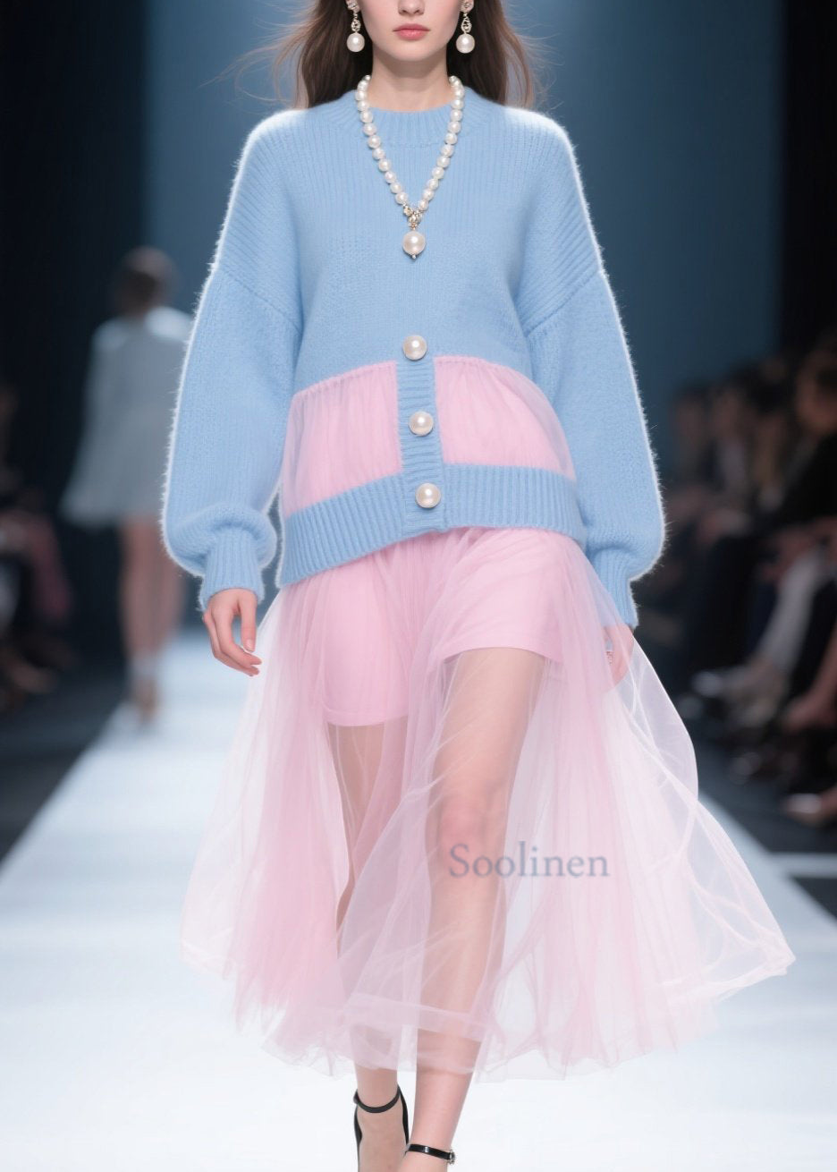Robe tulle bleu patchwork confortable pour automne - EasyApparels