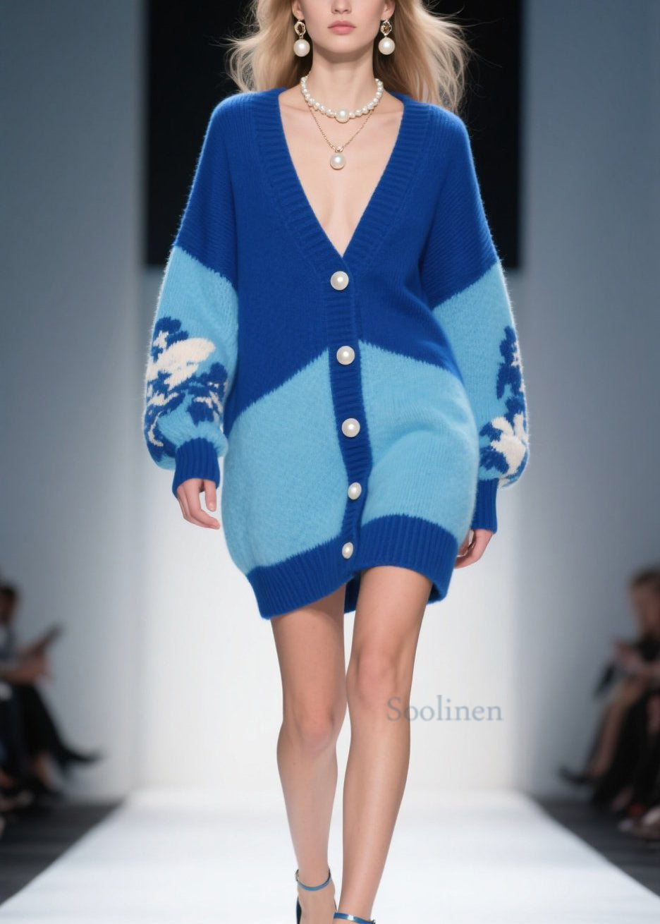 Doux cardigan bleu en maille col V hiver - EasyApparels