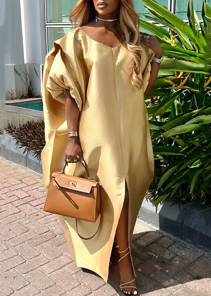 Luxueuse robe de soie grande taille à manches larges dorées - EasyApparels