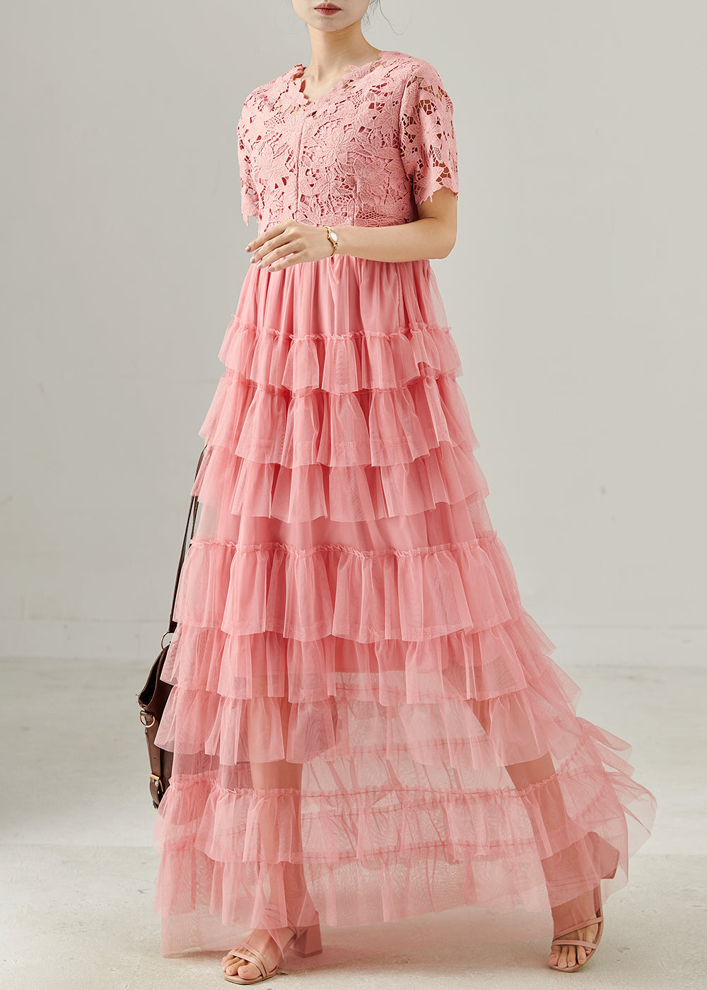 Robe tulle rose décolleté V pour femme été - EasyApparels