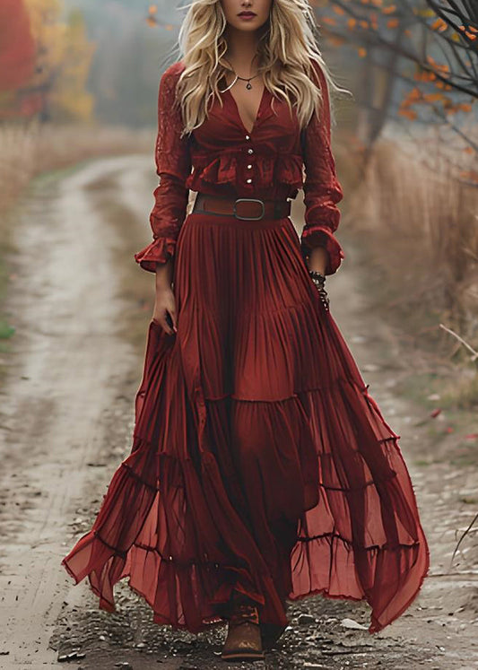Robe rouge douce en coton avec col V et manches longues - EasyApparels