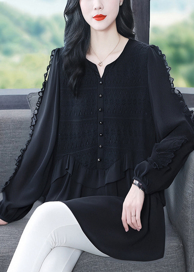 Lace Ruffle Black Blouse, Autumn Fashion - EasyApparels
