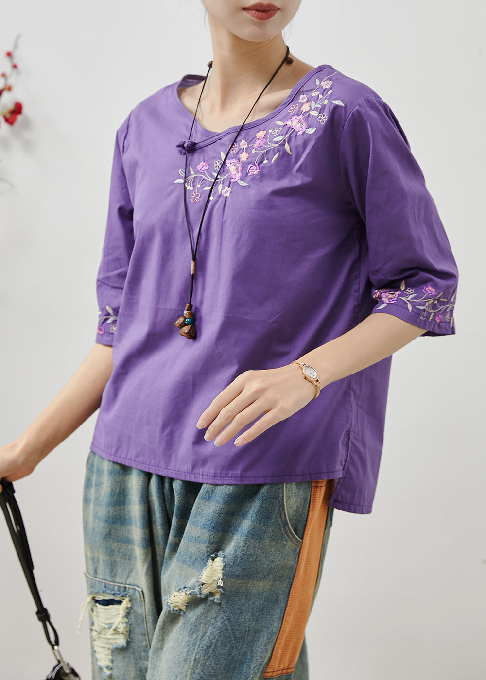 Femme Blouse coton délicat lavande à manches courtes - EasyApparels