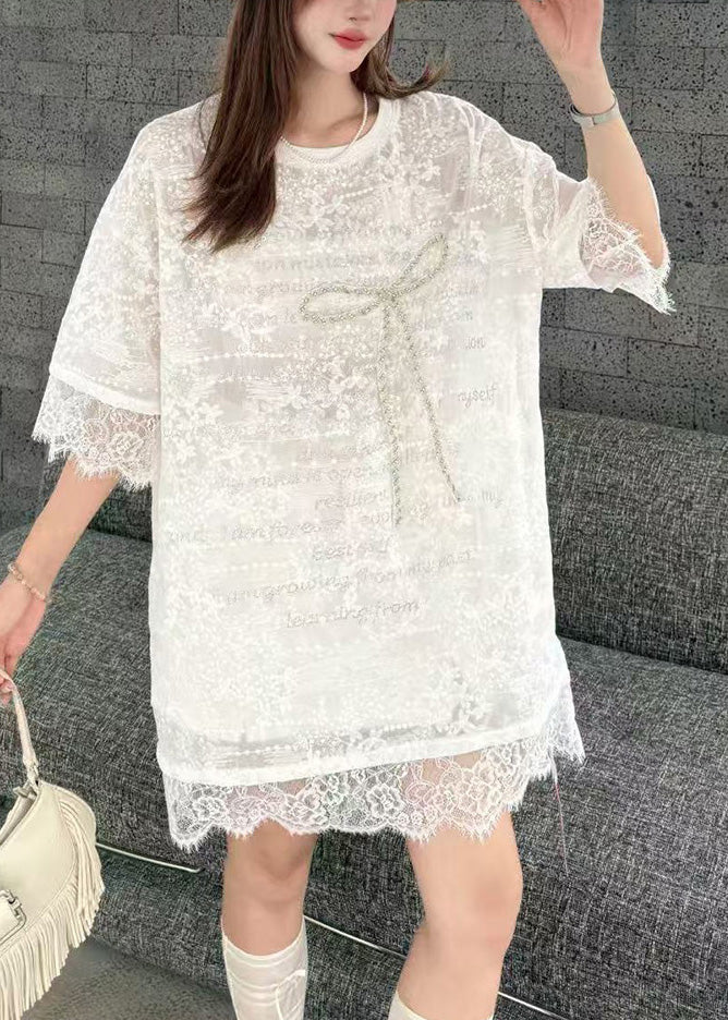 Robe d'été blanche en dentelle avec nœud pour femme - EasyApparels