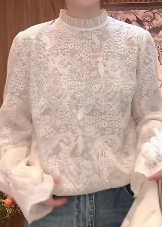 Blouses blanches en dentelle avec col haut et manches larges - EasyApparels
