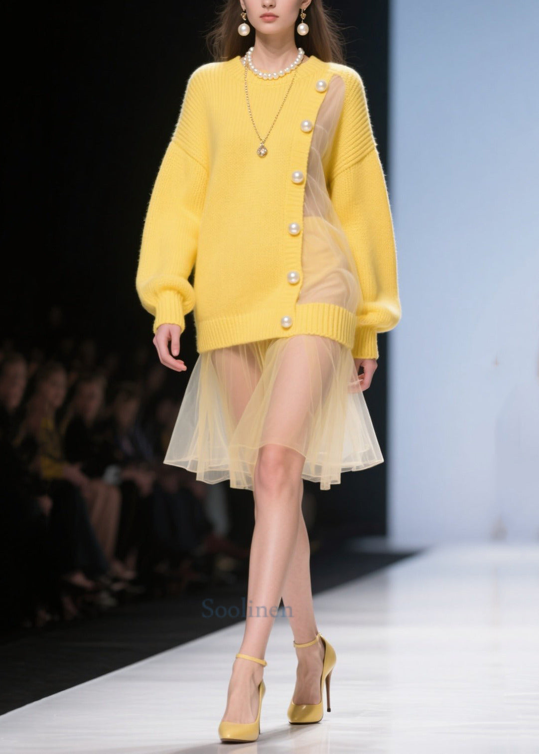 Douce Robe en Tulle Jaune Hiver à Fleur et Perles - EasyApparels