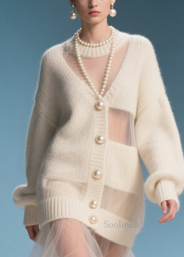 Chic Beige Oversized Tulle Patchwork Knit Robe - EasyApparels