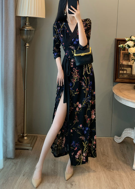 Robe longue noire élégante avec imprimé et ouverture côté - EasyApparels