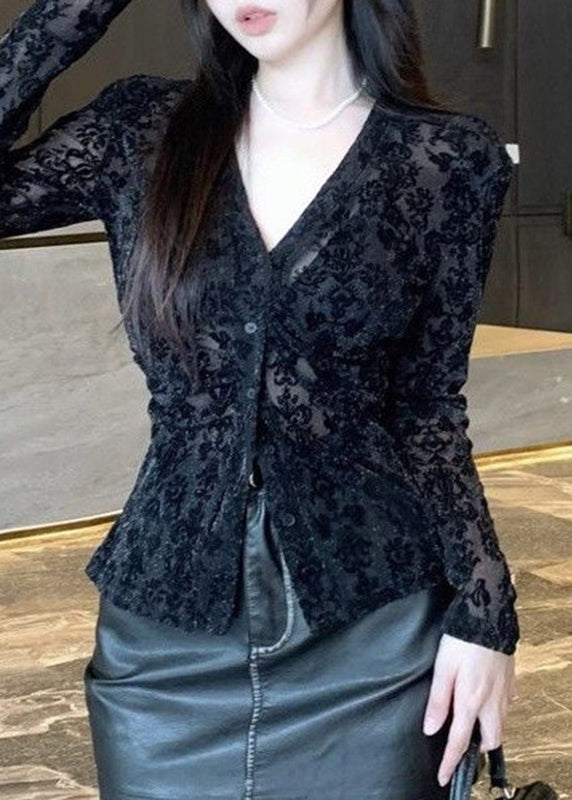 Femme élégante noir en dentelle col V pour printemps - EasyApparels