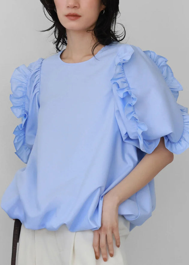 Débardeur slim-fit coton marine avec volants et manches gonflées - EasyApparels