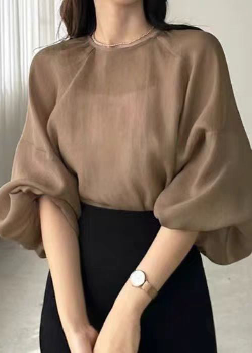 Chemises brunes douces larges en soie pour automne - EasyApparels