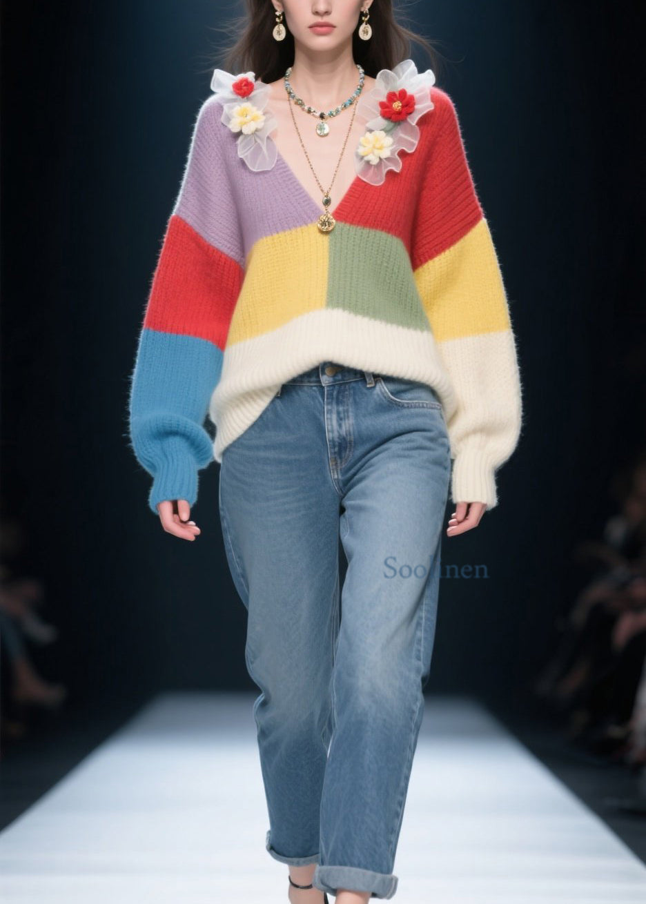 Pull femme col V épaules découvertes imprimé fleuri automne - EasyApparels
