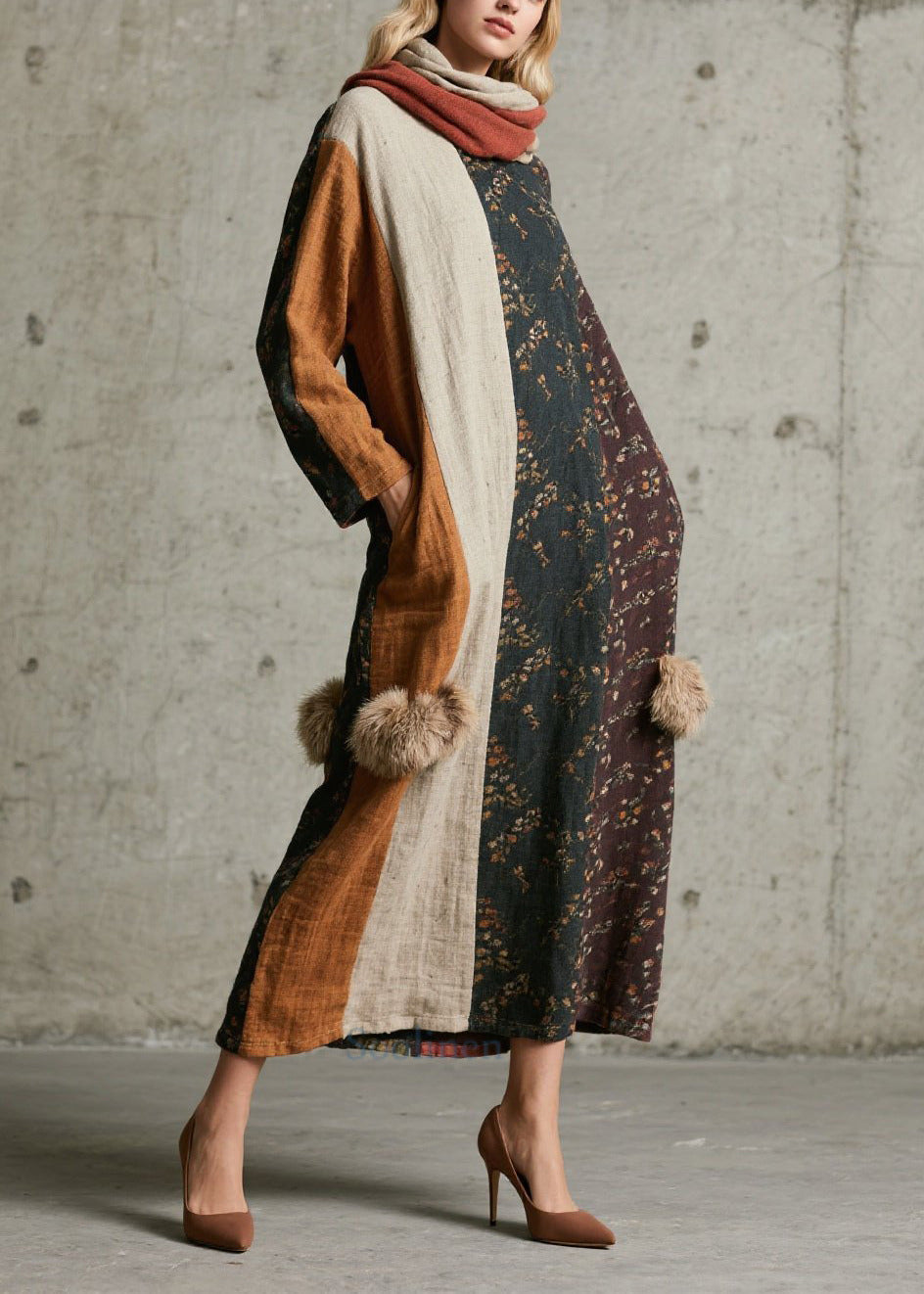 Robe douce en coton imprimé automne avec boules molles - EasyApparels