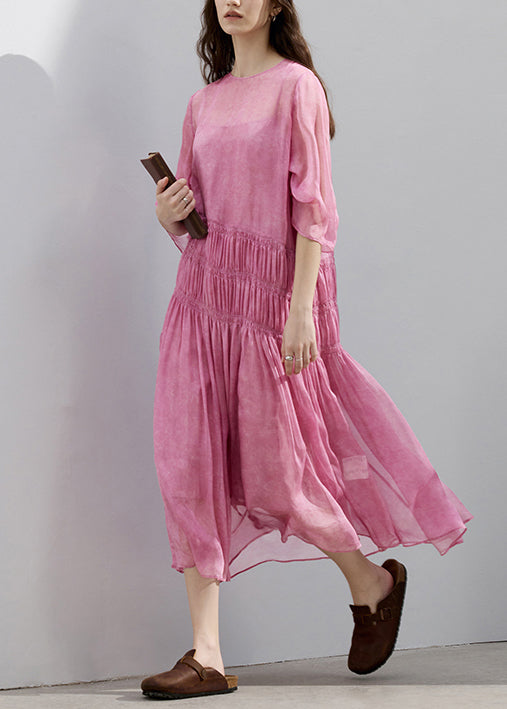 Robe d'été en soie légère rose à col rond - EasyApparels