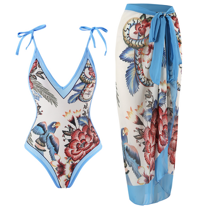 FloralWave™ – Maillot de Bain Femme 2 Pièces Élégant avec Paréo Assorti