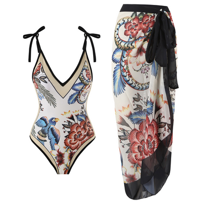 FloralWave™ – Maillot de Bain Femme 2 Pièces Élégant avec Paréo Assorti