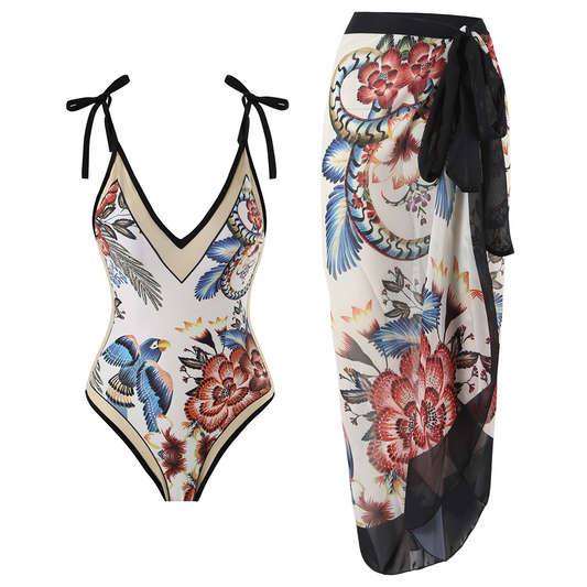 FloralWave™ – Maillot de Bain Femme 2 Pièces Élégant avec Paréo Assorti