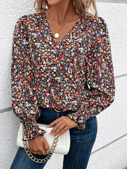 Chemisier Femme Fleuri Col V Manches Longues Élégant - PanierRoyale