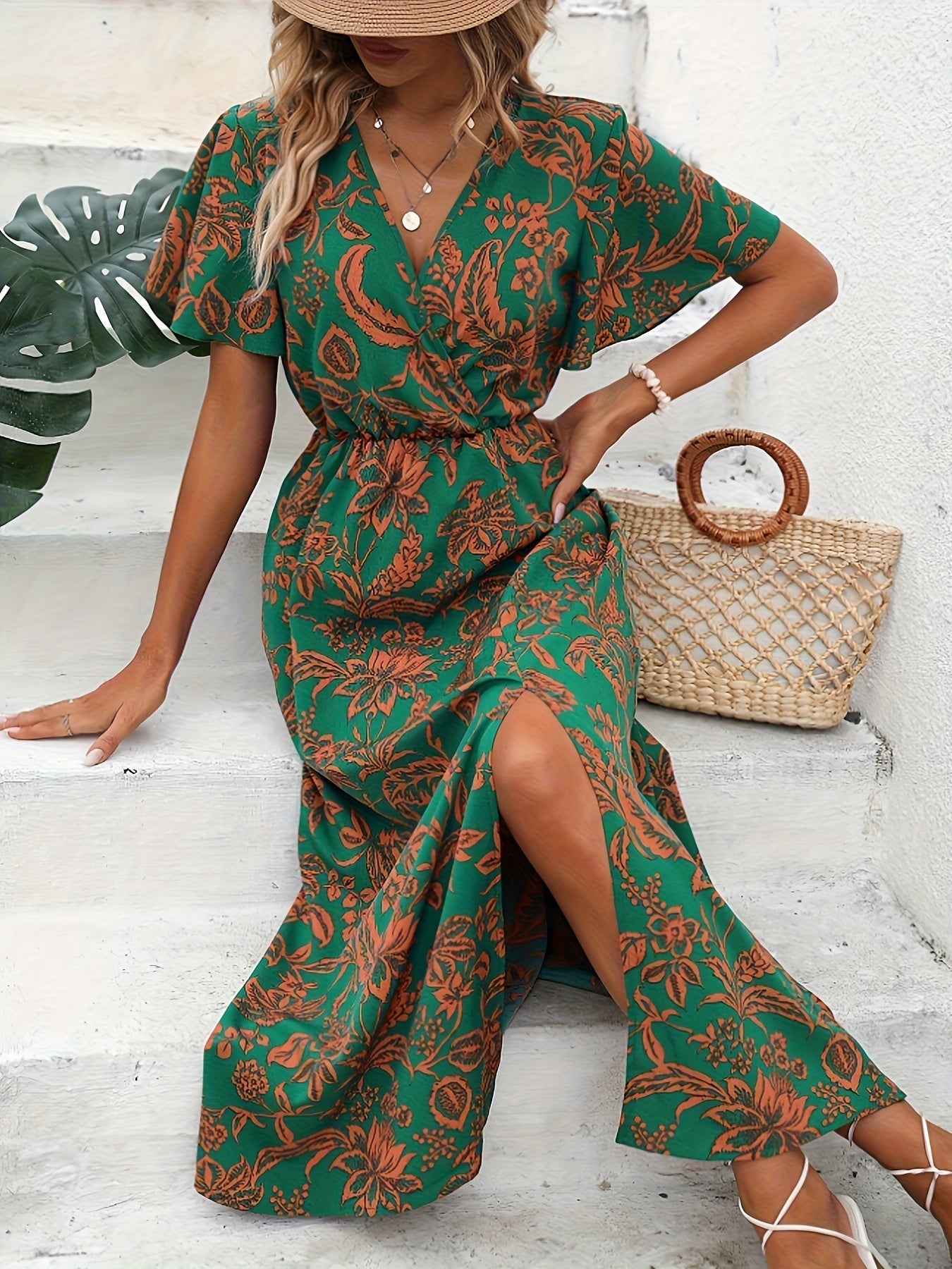 Robe Été Longue Fleurs Colorées Manches Courtes