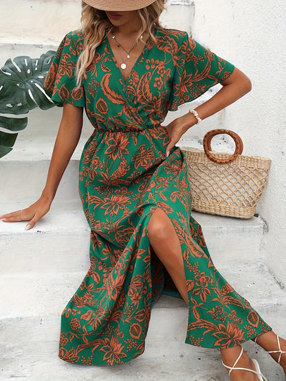 Robe Été Longue Fleurs Colorées Manches Courtes