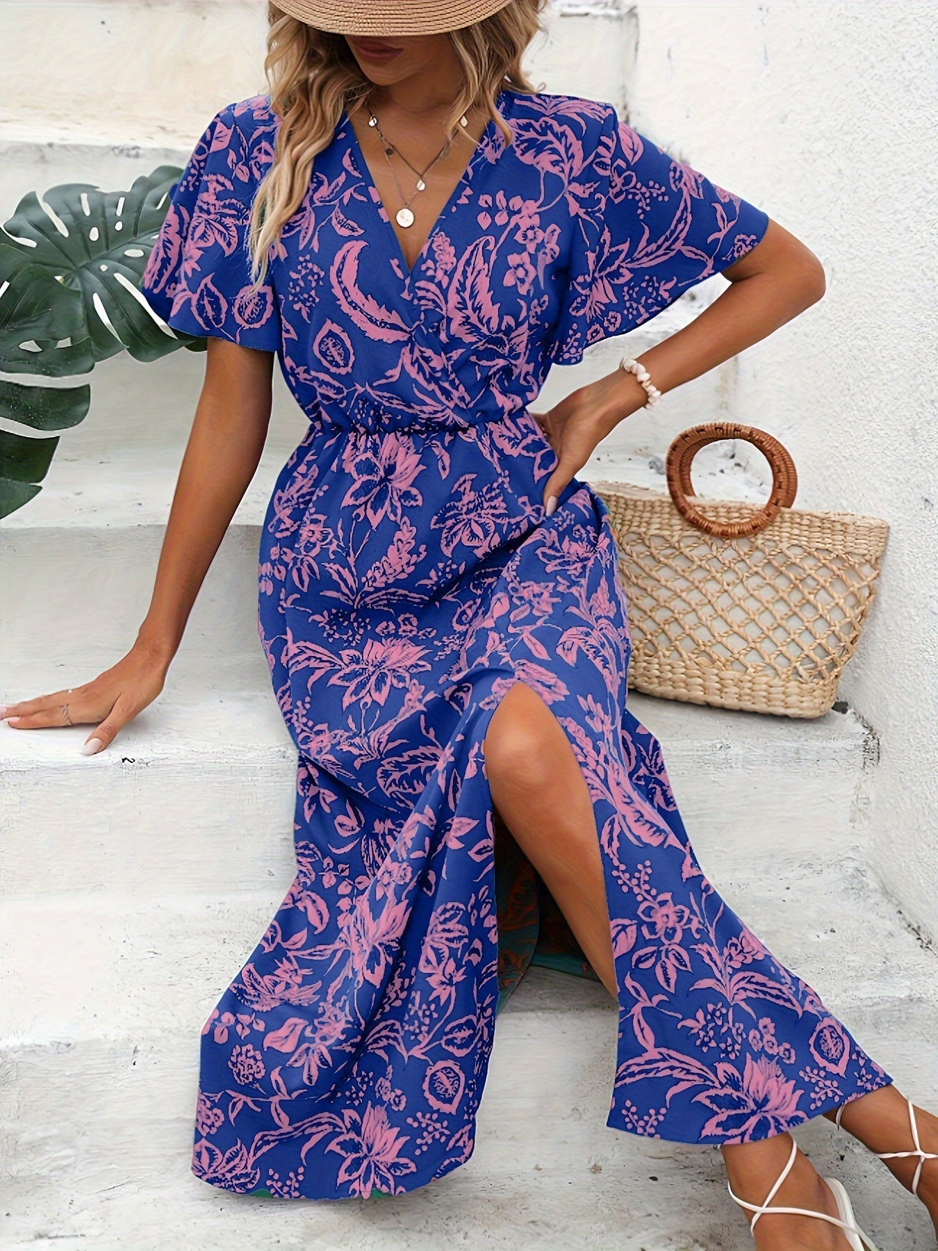 Robe Été Longue Fleurs Colorées Manches Courtes