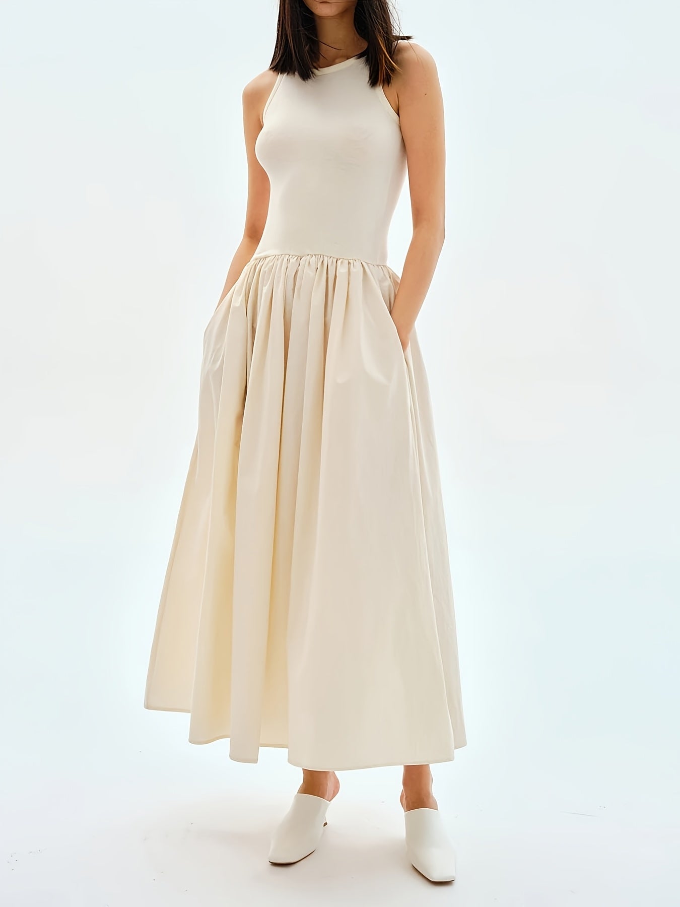 Robe Été Longue Femme Col Rond en Dentelle Légère