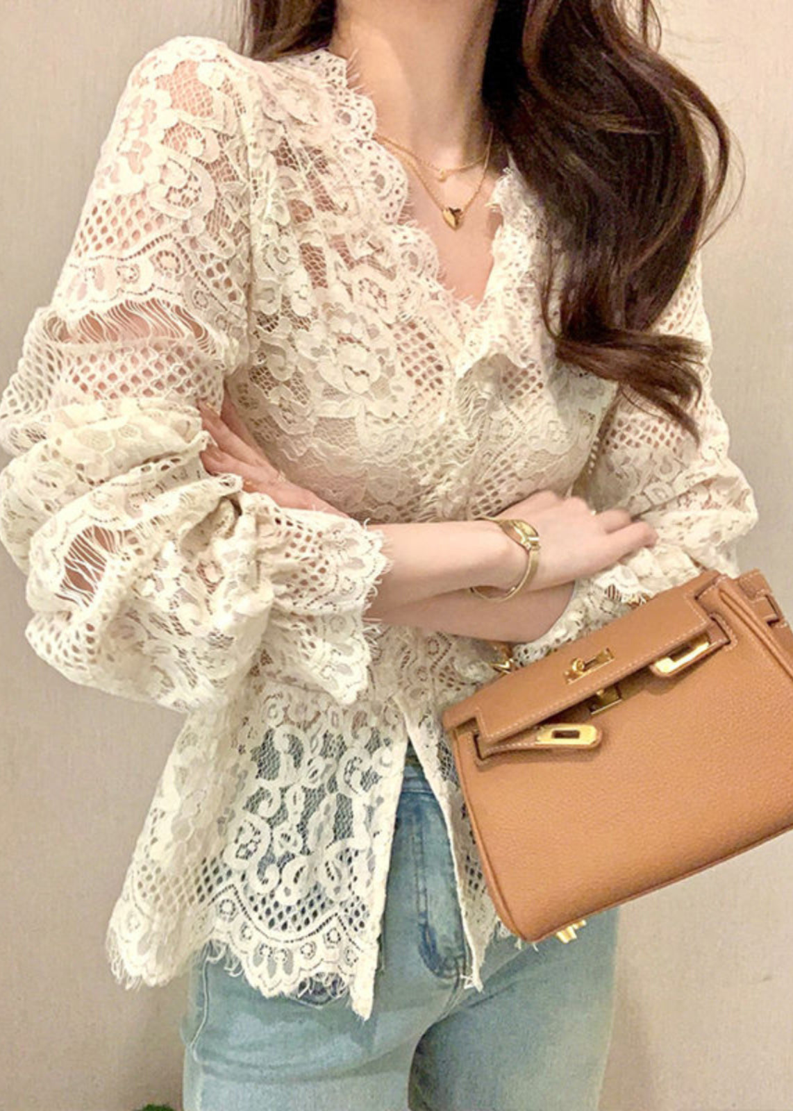Dentelle légère robe à volants avec boutons - EasyApparels