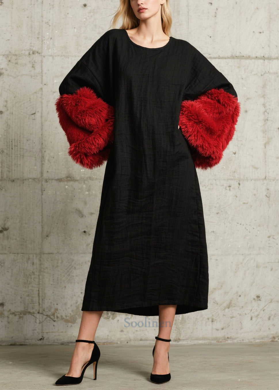 Robe noire en fausse fourrure pour femme hiver - EasyApparels