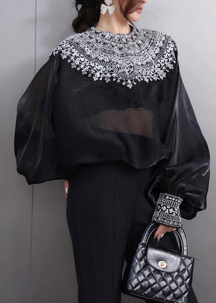 Grand décolleté noir en soie féminine à manches larges - EasyApparels