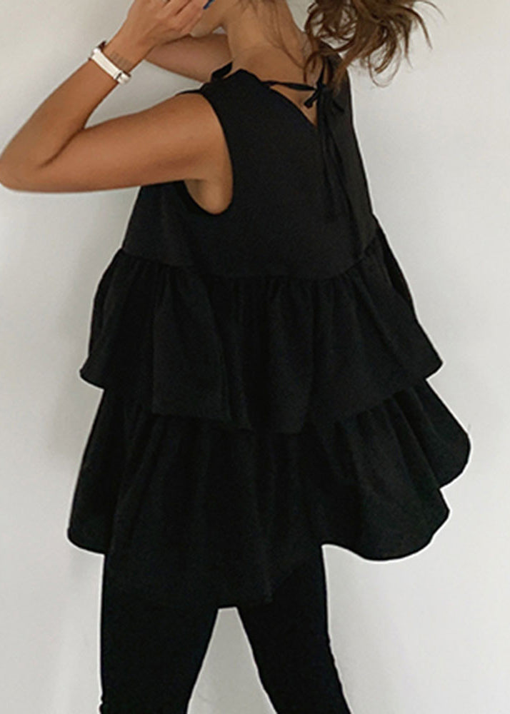 Femme Noir Cotton Tank Top à Volants - EasyApparels