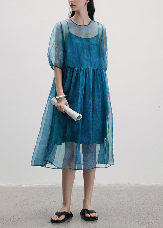 Robe deux pièces en soie bleu marine à col rond - EasyApparels