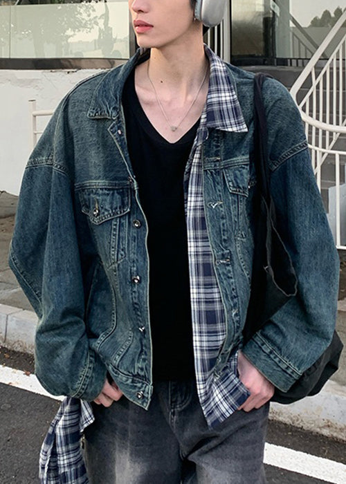 Denim Patchwork Jackets for Men Blue Plaid French Style - EasyApparels