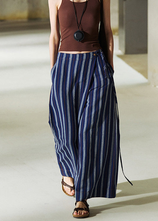 Linen Stripe Summer Pants Blue with Pockets - EasyApparels