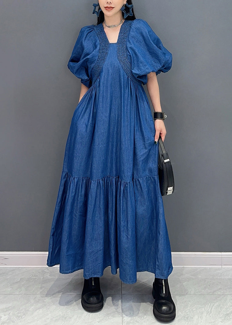 Longue robe jean délavé été patchwork bleu foncé - EasyApparels