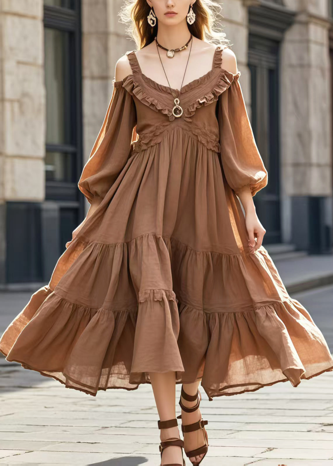 Robe décontractée brune pour femme, style bohème printanier - EasyApparels