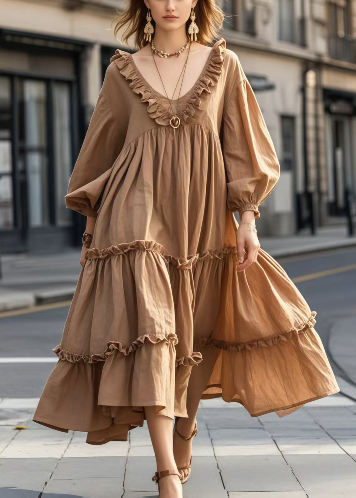 Soirée Brun Français Robe Élégante à Volants Large - EasyApparels