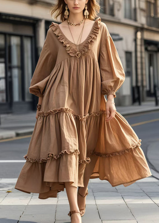Soirée Brun Français Robe Élégante à Volants Large - EasyApparels