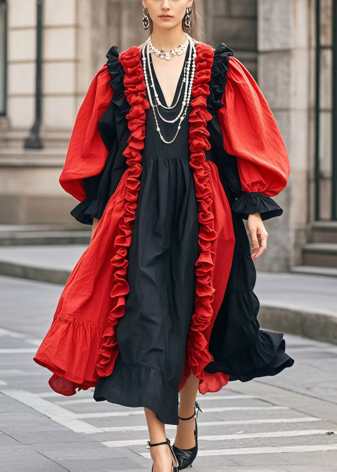 Colorful Cotton Patchwork Robe with Ruffle Sleeves - EasyApparels